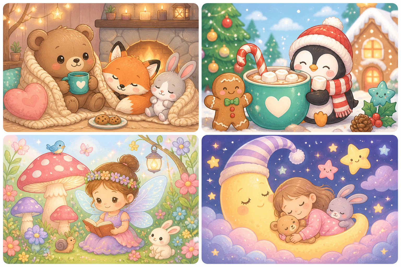 TintBug theme collage: cozy, Christmas, fairies, bedtime