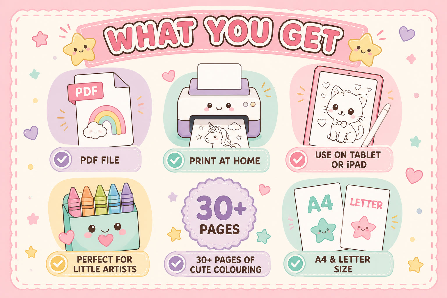 What you get: PDF, print at home, tablet, crayons, 30+ pages, A4 and Letter